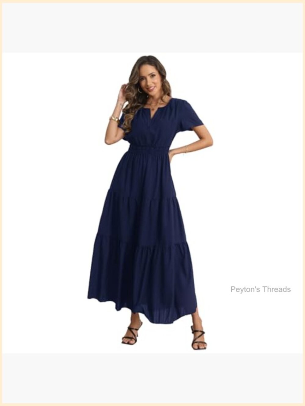 Maxi Dress with Pockets Short Sleeve V-Neck Elastic Waist Boho Casual - Picture 3 of 7